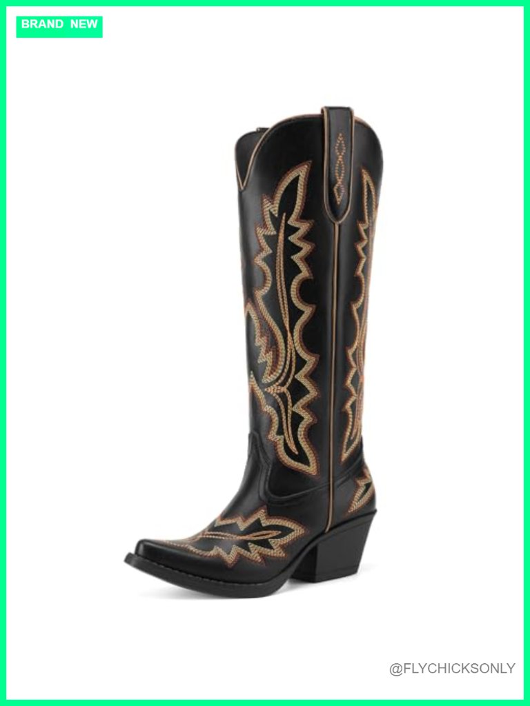 Knee High Cowgirl Boots Snip Toe Chunky Heel Pull On Western